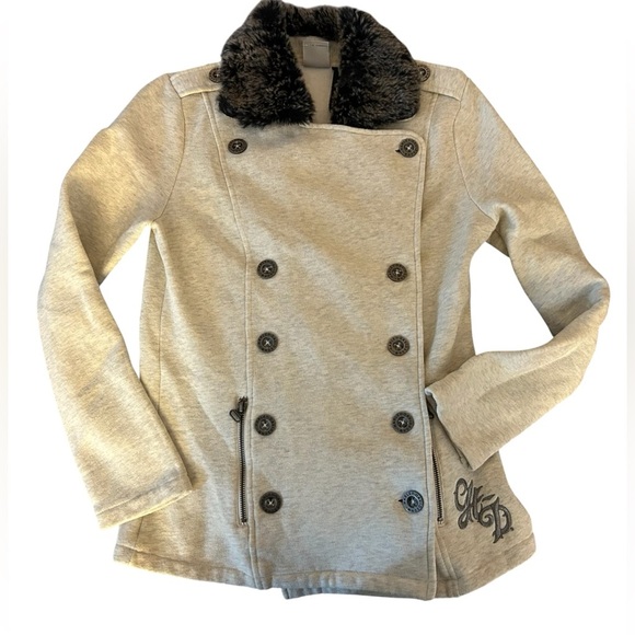 Harley-Davidson Light Beige Pea Coat with Faux Fur Collar - Picture 1 of 9